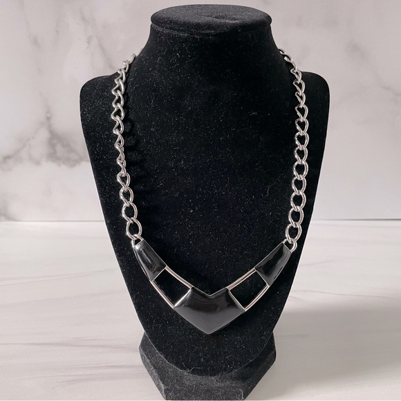 Vintage Monet Silver Tone and Black Enamel Collar Necklace- Statement Necklace - Picture 1 of 6